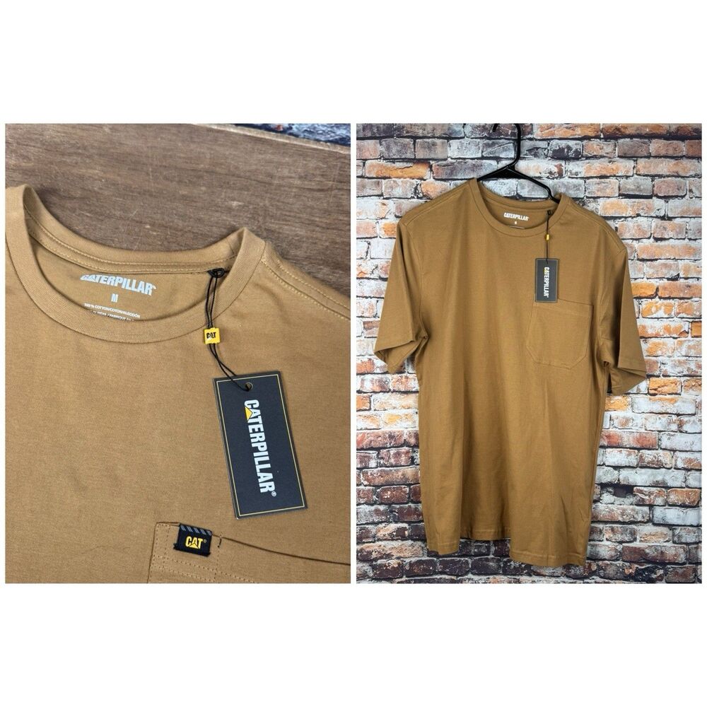 Caterpillar CAT Relaxed Fit Brown Tan Crew Neck T-Shirt Medium Reinforced Pocket